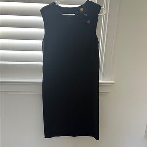 Tory Burch Classic Black Sleeveless Sheath Dress with Gold Button Detail